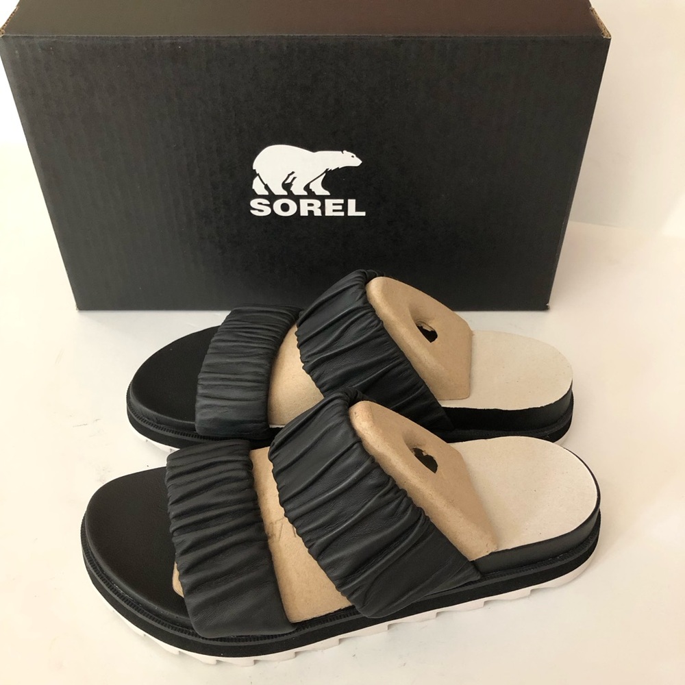 SOREL NEW Roaming 2 Strap Leather Slide Sandal Black Women’s Sz 9.5